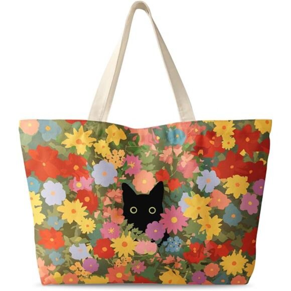 Large Tote Bag for Women Cat in Flower - Picture 1 of 6